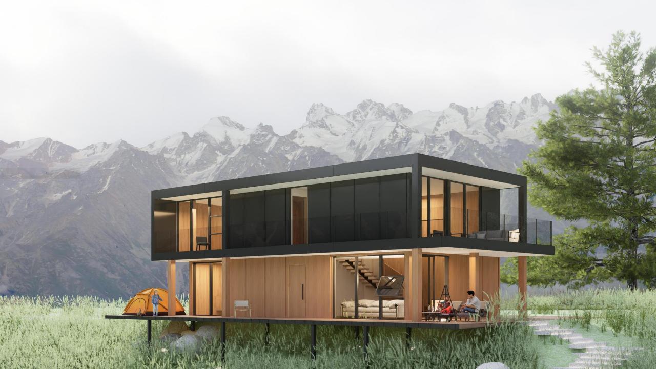 Modular cabin with no-permanent-footprint helical-pile foundation