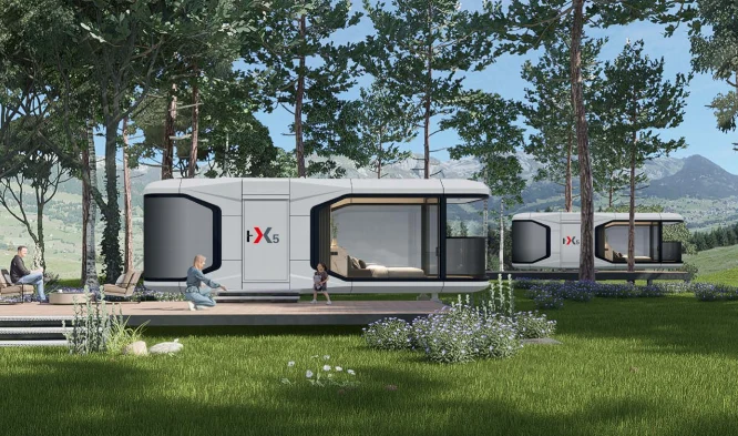 Modular capsule homes in a scenic glamping site