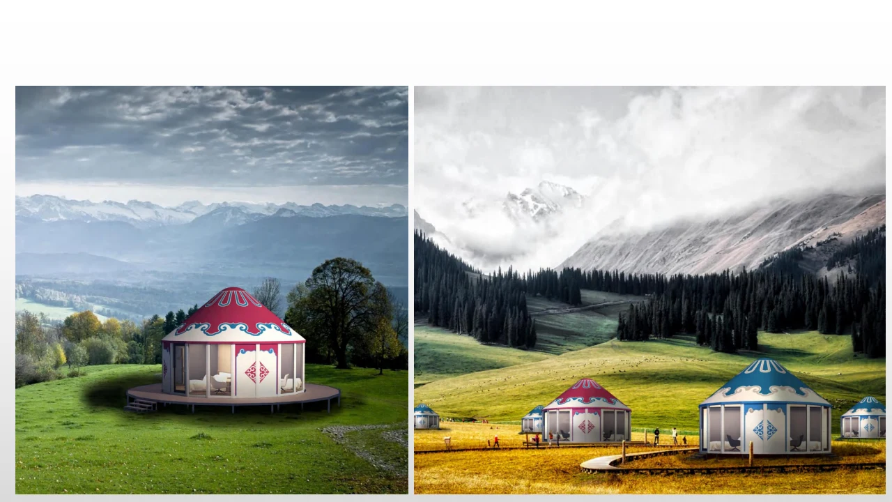 Yurt-style modular buildings in scenic mountain landscapes
